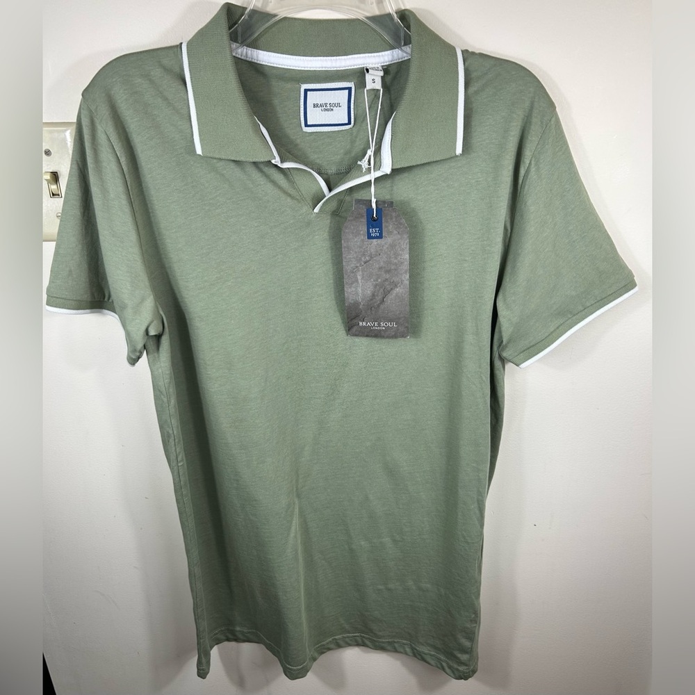 BRAVE SOUL LONDON Polo Shirt Men’s Small Sage W/White‎ Trim 100% Cotton NWT